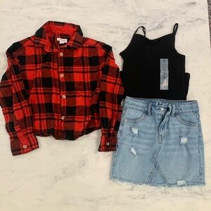 Girls fall outfit. Red plaid long sleeve, Jean skirt, undershirt. Size S (6-7)